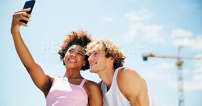 Buy stock photo Woman, man and selfie for fitness, city and happy with exercise, break and post on web in summer. People, interracial couple and smile with photography, profile picture and social media for training