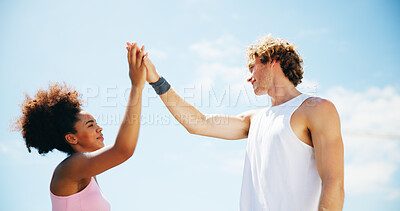 Buy stock photo Woman, man and high five for fitness, outdoor and happy with achievement, goals and training by sky in summer. People, team and support with cheers, celebration and motivation for workout in nature
