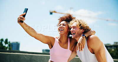 Buy stock photo Woman, man and selfie for training, city and happy with exercise, break and post on web in summer. People, interracial couple and laugh with photography, profile picture and social media for workout