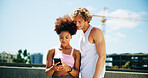 Woman, man and phone for fitness, city and happy with search for direction, location and training on bridge. Interracial couple, runner and smartphone on timer app, workout and check stats in street