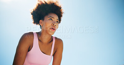Buy stock photo Breathing, fitness and thinking with black woman on blue sky outdoor for break, fatigue or recovery. Exercise, tired and space with athlete or runner resting for below for training or workout