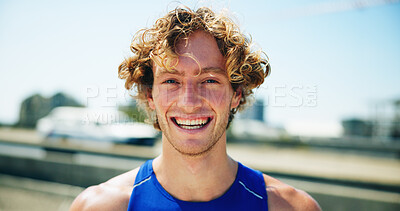 Buy stock photo Man, runner and happy in portrait in city, bridge and outdoor for fitness, training and ready for challenge. Person, smile and pride for workout, exercise and start routine on urban street in Spain