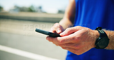 Buy stock photo Runner, road or phone in hands with fitness for checking workout progress, tracking exercise or wellness. Person, closeup or athlete on mobile app in city for online running route, map and navigation