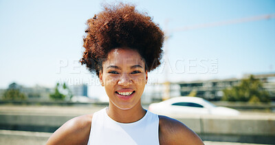 Buy stock photo Woman, runner and happy in portrait in city, bridge and outdoor for fitness, training and ready for challenge. African person, smile and pride for workout, exercise and start on urban street in Kenya