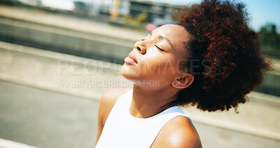 Buy stock photo Breathing, woman and meditation in city, fresh air and peaceful with awareness on street and spiritual. Outdoor, calm and black person with routine in morning, zen and stress relief on urban road