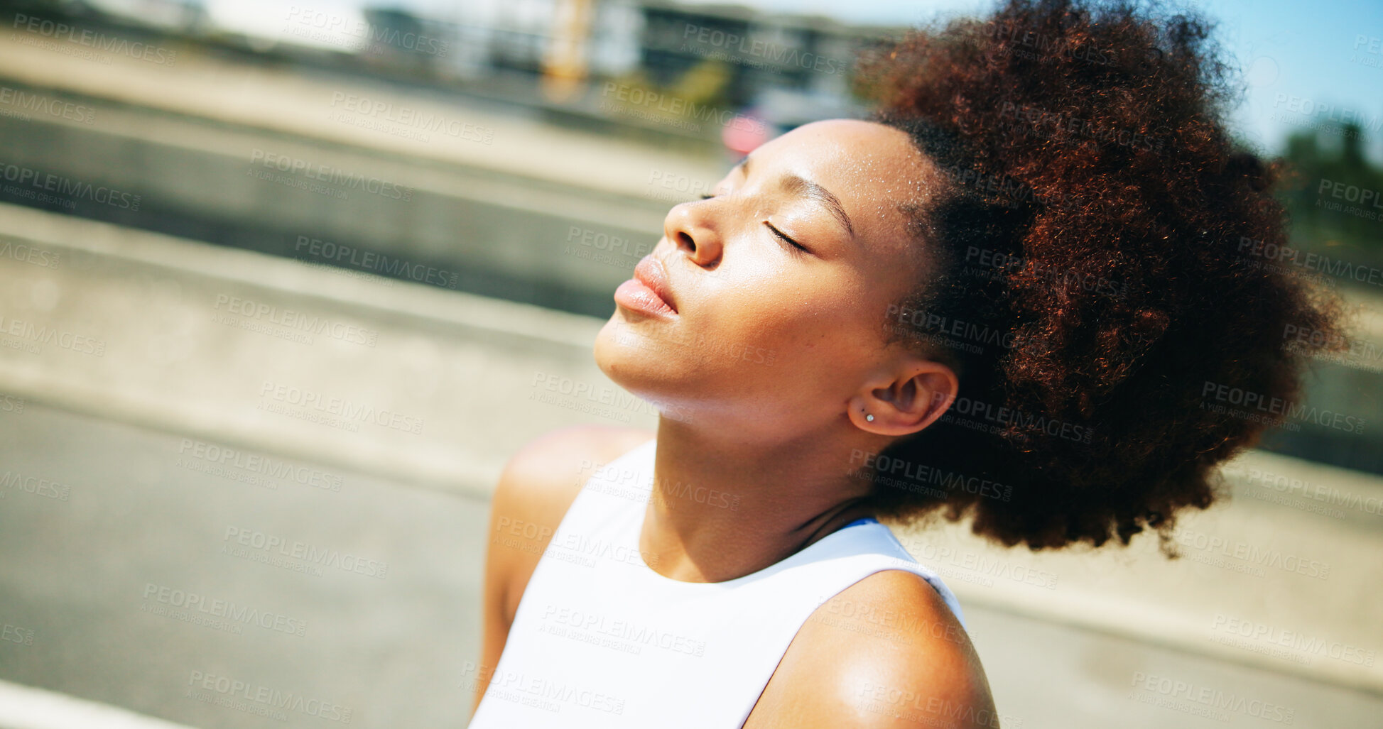Buy stock photo Breathing, woman and meditation in city, fresh air and peaceful with awareness on street and spiritual. Outdoor, calm and black person with routine in morning, zen and stress relief on urban road