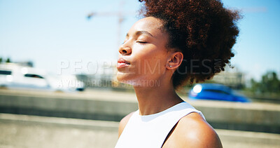 Buy stock photo Outdoor, breathing and woman with fresh air, meditation and peaceful with awareness on street and calm. City, spiritual and black person with routine in morning, zen and stress relief on urban road