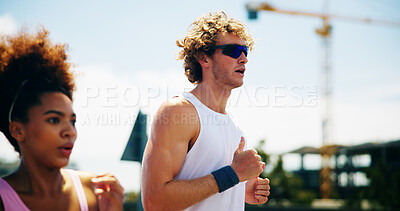 Buy stock photo Woman, man and running for fitness, street and endurance in summer for wellness, challenge and exercise. People, personal trainer and coach for cardio, workout and training for marathon in city