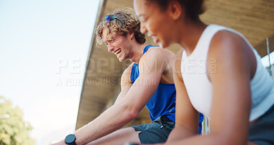 Buy stock photo Couple, fitness and stretching with laughing in city, warm up together with exercise and wellness. Interracial people, start or sports challenge with funny team, town and athlete partners for cardio