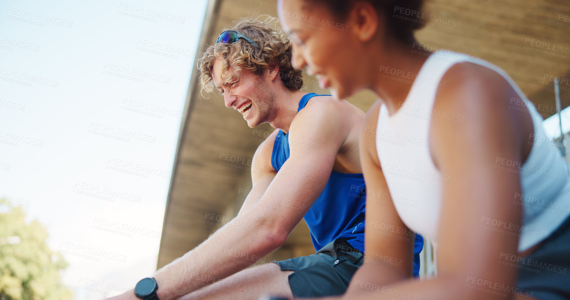Buy stock photo Couple, fitness and stretching with laughing in city, warm up together with exercise and wellness. Interracial people, start or sports challenge with funny team, town and athlete partners for cardio