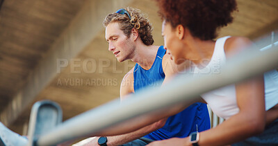 Buy stock photo Couple, fitness and stretching for workout in city, warm up together with exercise and wellness. Interracial people, start or sports challenge with team, urban town and athlete partners for cardio