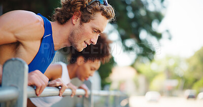 Buy stock photo Runner, stretching and coaching with people in city for marathon practice, sports team and helping. Warm up, personal trainer and fitness with man and woman downtown for wellness and workout