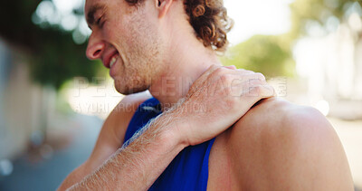 Buy stock photo Man, shoulder pain or fitness injury in city, muscle spasm or tension with exercise ache. Fibromyalgia, stiff joints or male athlete with medical emergency, health issue or inflammation outdoor