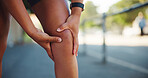 Person, knee pain or fitness injury in city, muscle cramps or tension with exercise mistake. Fibromyalgia, stiff joints or athlete hands with medical emergency, sore leg or inflammation outdoor