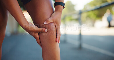 Buy stock photo Person, knee pain or fitness injury in city, muscle cramps or tension with exercise mistake. Fibromyalgia, stiff joints or athlete hands with medical emergency, sore leg or inflammation outdoor