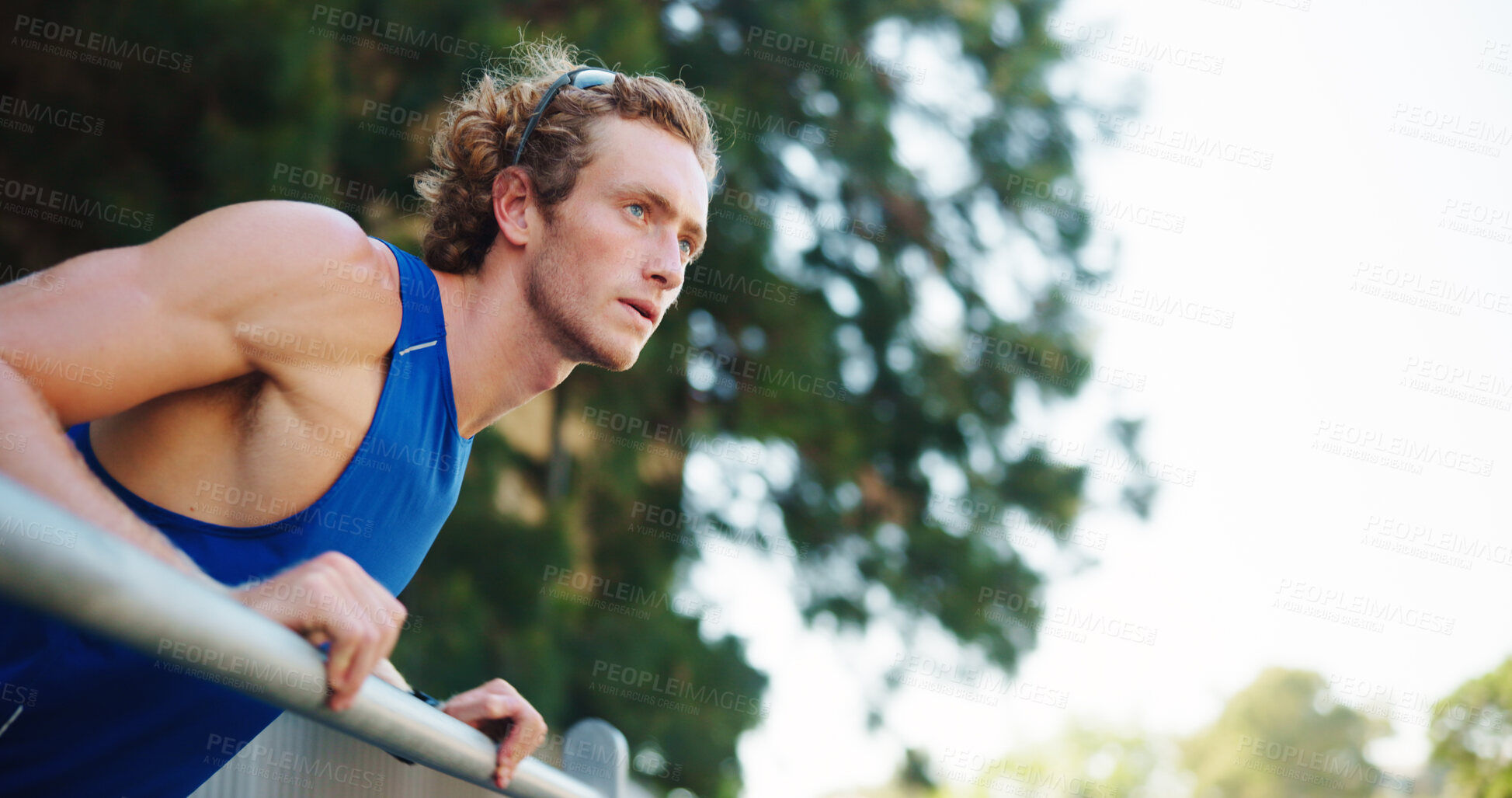 Buy stock photo Runner, thinking and health with man in city for marathon practice, sports athlete and cardio. Exercise, training and fitness with person and reflection downtown for wellness, ready and workout