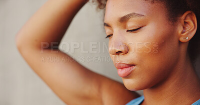 Buy stock photo Thinking, resting and runner or woman in city for workout, marathon training and fitness. Reflection, exercise and wellness with female person downtown for cardio challenge, sports athlete and health