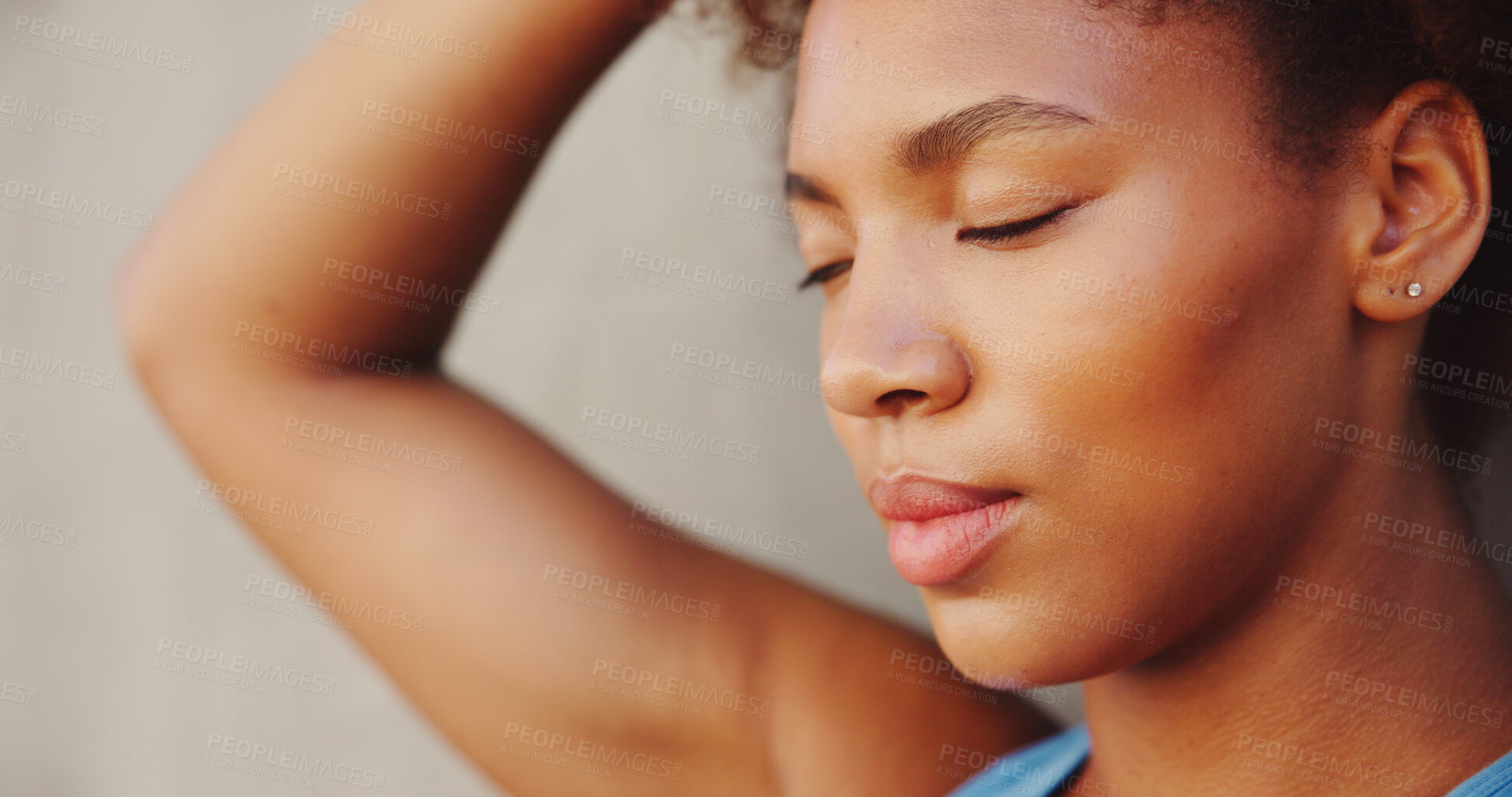Buy stock photo Thinking, resting and runner or woman in city for workout, marathon training and fitness. Reflection, exercise and wellness with female person downtown for cardio challenge, sports athlete and health