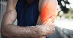 Man, arm pain or exercise overlay in city, muscle cramps or tension with fitness mistake. Fibromyalgia, discomfort and athlete hand with tendon tear, sport fracture or red inflammation glow outdoor
