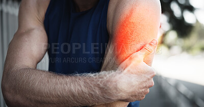 Buy stock photo Man, arm pain or exercise overlay in city, muscle cramps or tension with fitness mistake. Fibromyalgia, discomfort and athlete hand with tendon tear, sport fracture or red inflammation glow outdoor