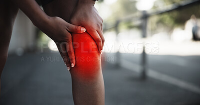Buy stock photo Hands, knee pain or exercise overlay in city, muscle cramps or tension for fitness mistake. Fibromyalgia, discomfort and female athlete for tendon tear, leg fracture or red inflammation glow outdoor