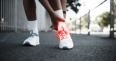 Buy stock photo Shoes, ankle pain or exercise overlay in city, cramps or tension with fitness mistake on sidewalk. Fibromyalgia, discomfort and athlete for tendon tear, fracture or red inflammation glow outdoor