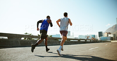 Buy stock photo Men, back and running with road in city for workout, exercise or outdoor cardio training. Active, male people or runners with fitness on street for sport, marathon or sprint together in an urban town