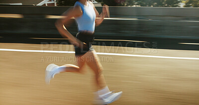 Buy stock photo Motion blur, fitness and body of woman running on bridge in city for race, marathon or training. Sports, speed and female athlete on highway with cardio workout, challenge or exercise in town.