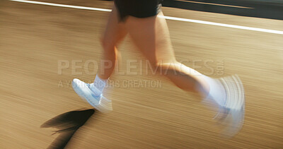 Buy stock photo Motion blur, fitness and legs of person running on bridge in city for race, marathon or training. Sports, fast and feet of athlete on highway with cardio workout, challenge or exercise in town.