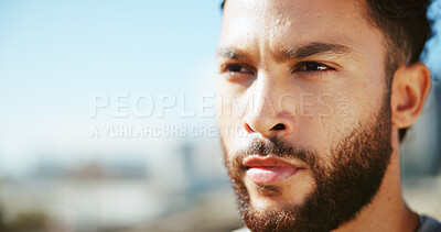 Buy stock photo Space, runner or man in city thinking of fitness, marathon training or exercise health. Mockup, ideas or face of athlete in urban town for workout performance, outdoor jog or sports break in France