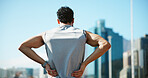 Back, tired and man outdoor for fitness with fatigue, exhausted and relax for exercise recovery. Workout, rest and athlete in city for wellness, body health and break for training challenge with view