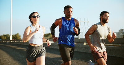 Buy stock photo Running, athlete and group with routine, outdoor and cardio in morning for fitness, confident or street. City, men and woman with sunglasses on urban road, runner and energy for sport, healthy or jog
