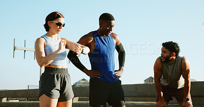 Buy stock photo Fitness, people and tired with time in city for marathon pace, workout progress and monitor running speed. Cardio club, athlete and break with endurance challenge, exercise fatigue and rest on bridge