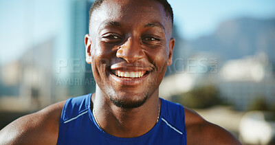 Buy stock photo Fitness, black man and portrait in city with smile, confidence or ready with wellness routine. Face, athlete or happy in urban Kenya for cardio challenge, personal trainer and sweat on exercise break