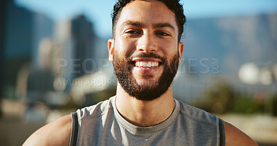 Buy stock photo Fitness, man and portrait in city with smile, confidence and ready with wellness routine. Face, athlete and happy in urban Brazil for cardio challenge, personal trainer and exercise break for health