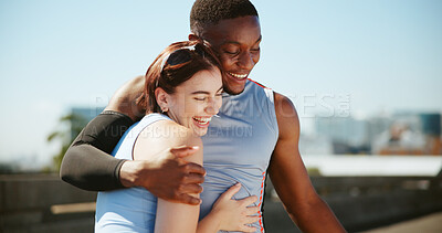 Buy stock photo Fitness, hug and friends in city for running with race, marathon or training together with challenge. Happy, people and athletes embracing for sports goal or target with cardio workout in town.