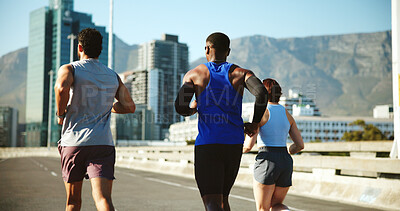 Buy stock photo People, back and running in city with exercise for workout, fitness or training on road. Active group, friends or runners with bridge for sport, marathon or outdoor sprint together in an urban town