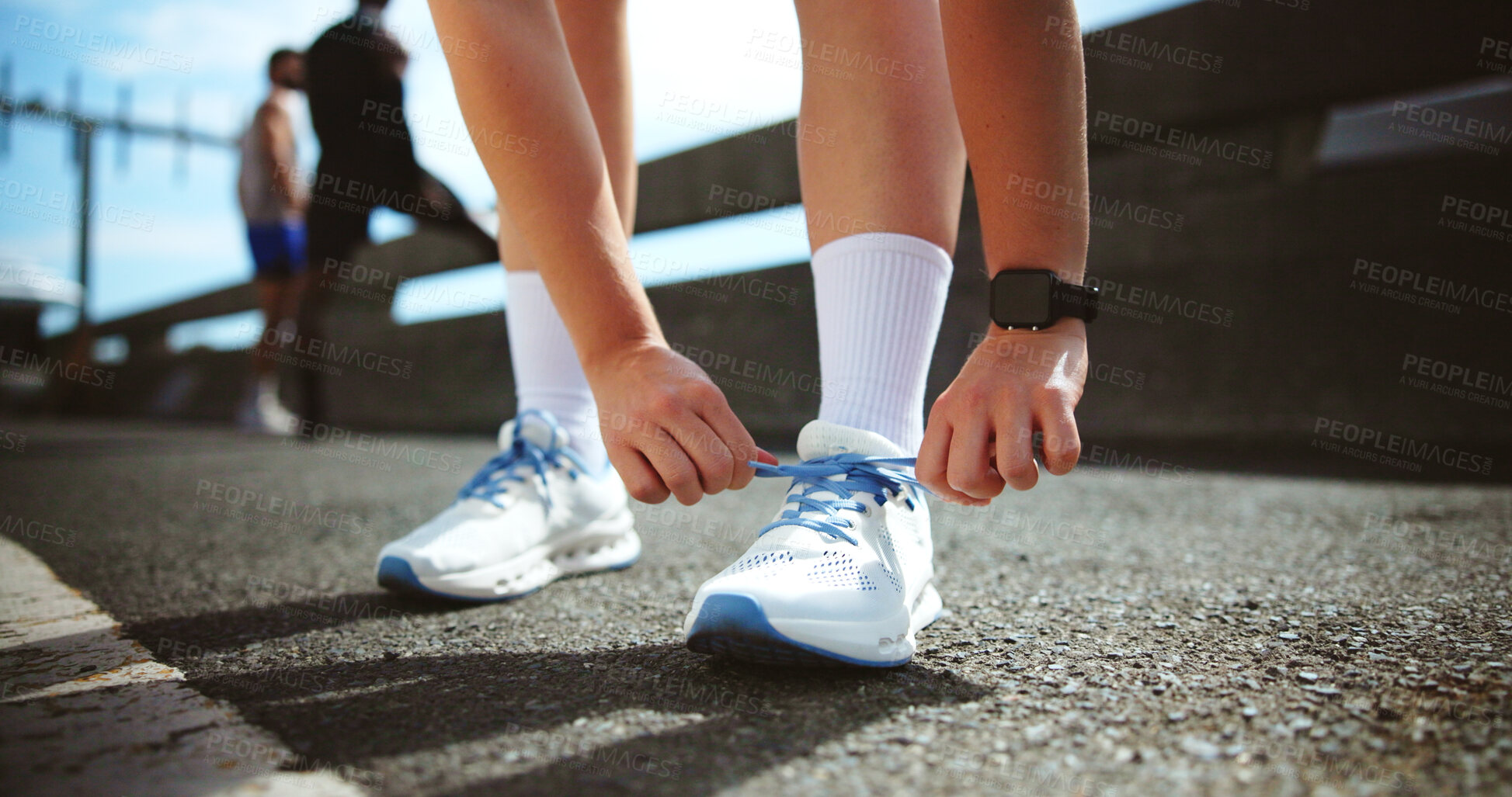 Buy stock photo Fitness, hands and tie shoes in city to start workout, training or exercise for practice on road. Street, person and runner tying laces on sneakers for sports, preparation and ready for challenge