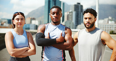 Buy stock photo Fitness, portrait and team with arms crossed, outdoor and wellness with personal trainer in morning and men. Break, serious and people with muscle in city, healthy and friends with sportswear in USA