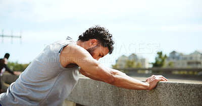 Buy stock photo Fitness, tired and man on break in city with fatigue, exhausted and relax for exercise recovery. Workout, rest and athlete outdoor for wellness, body health or think of training challenge on bridge