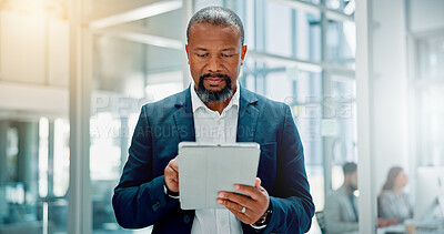 Buy stock photo Office, businessman and research with tablet for financial advisor, corporate website and investment. Career, mature person and finance consultant with tech for risk management, solution and reading