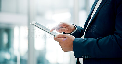 Buy stock photo Office, person and hands with tablet for financial advisor, corporate growth and investment. Closeup, businessman and finance consultant with tech for risk management, research and performance report