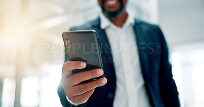 Buy stock photo Phone, hand and businessman in office for communication, contact or networking online for career. Cellphone, closeup and male financial manager with email for investment, profit or finance report.