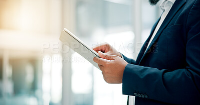 Buy stock photo Office, person and hands with tablet for investment, corporate growth and financial advisor. Closeup, businessman and finance consultant with tech for risk management, research and performance report