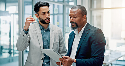 Buy stock photo Office, business people and teamwork with tablet for investment, corporate growth and discussion. Men, mature manager and financial advisor with tech for risk management, talking and finance solution