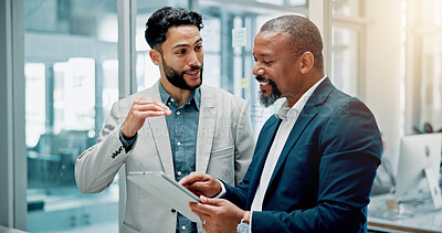 Buy stock photo Training, employee and mentor with tablet, office and listening to advice for project, men and explaining. Business, trainee and mature person with marketing strategy, manager or talking to colleague