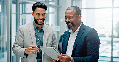 Buy stock photo Office, business people and teamwork with tablet for research, corporate growth and discussion. Men, mature manager and financial advisor with tech for risk management, talking and finance solution