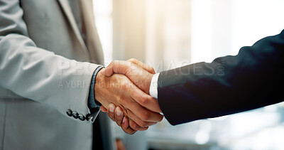 Buy stock photo Handshake, deal and business men in office with partnership, contract or merger. Collaboration, thank you and male finance manager with investor for investment opportunity, negotiation or agreement.