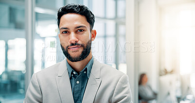 Buy stock photo Portrait, employee and man with smile, office and confident for job promotion, corporate and auditor. Business, accountant and person with happiness for opportunity, company or ambition in New York