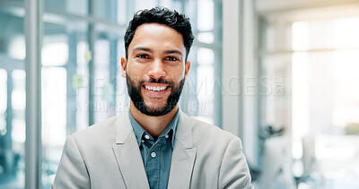 Buy stock photo Portrait, employee and man with smile, corporate and confident for job promotion, office and auditor. Business, accountant and person with happiness for opportunity, company and ambition in New York